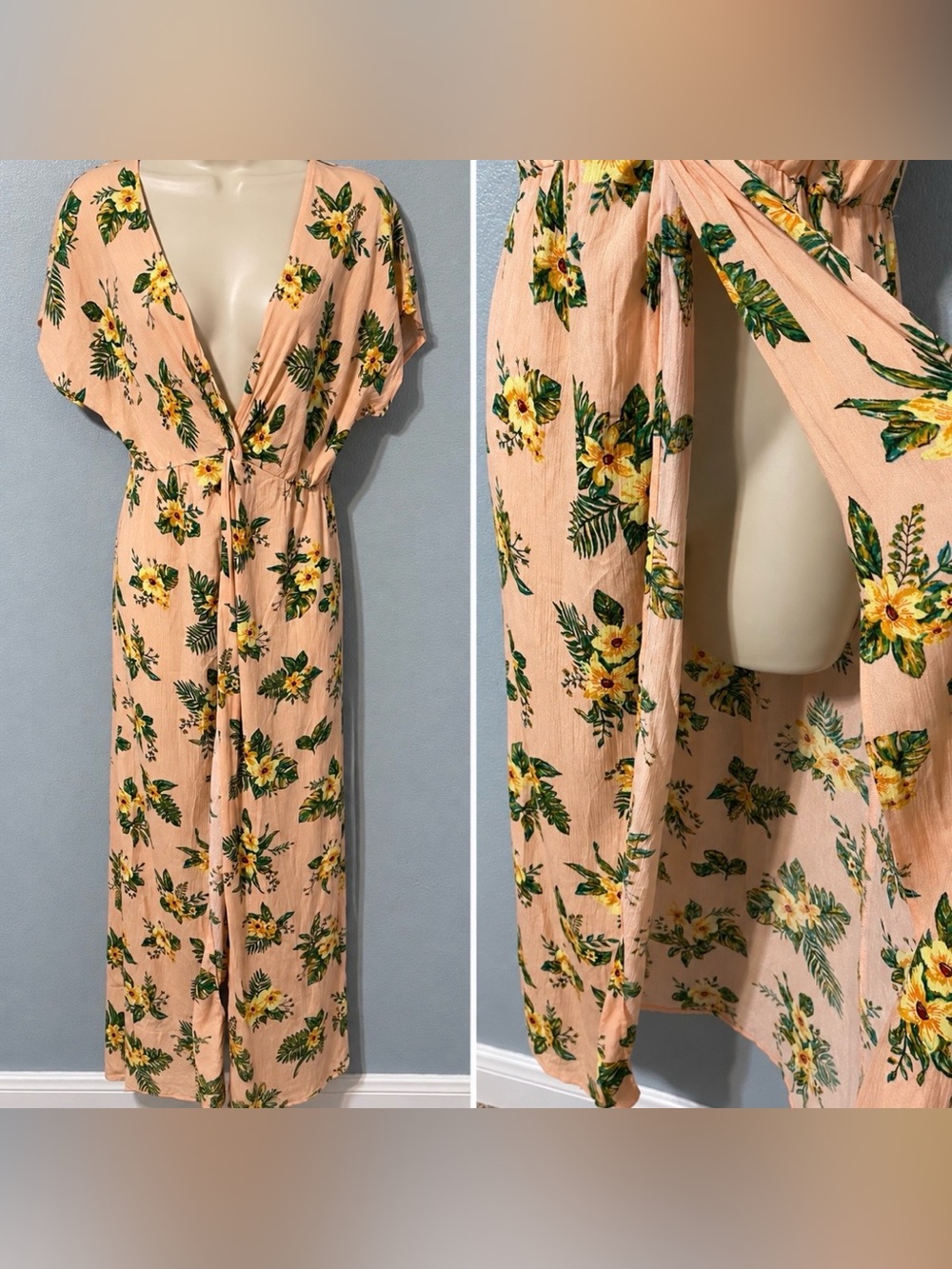 Forever 21 Floral Maxi Dress Peach Tropical Boho Kimono Sleeve Front Knot Small